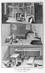 Tafel, die eine Tabakfabrik darstellt. Manufacture de Tabac - L