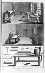 Tafel, die eine Tabakfabrik darstellt. Manufacture de Tabac - L