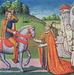 Papst Adrian I. trifft Karl den Großen, Miniatur aus den 