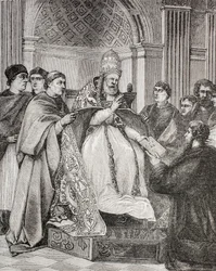 Papst Gregor IX. übergibt die Dekretalen einem Anwalt des Konsistoriums, aus 