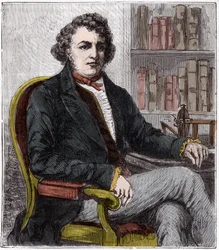 Porträt von Andre Marie Ampere (1775-1836) französischer Physiker - Andre-Marie Ampere (1775-1836), französischer Physiker und Pionier der Elektrodynamik - Gravur in "Wissenschaften für alle zugänglich gemacht - Physik und Chemie" von Alexis Clerc - Ende d