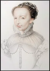 Porträt von Catherine de Medici (1519-89), Faksimile einer Zeichnung aus dem 16. Jahrhundert, erschienen in Porträts der berühmtesten französischen Persönlichkeiten des 16. Jahrhunderts, von P.G. Niel, Paris, 1848