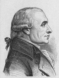Porträt von Gaspard Monge, Graf von Peluse (1746 - 1818), französischer Mathematiker - in „Album de la Science; berühmte Wissenschaftler; Große Entdeckungen“ 1896