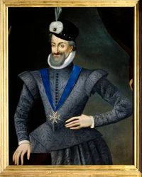 Porträt von Heinrich IV. (1553-1610) König von Frankreich. Er trägt die Halskette des Ordens vom Heiligen Geist. Anonymes französisches Gemälde des 17. Jahrhunderts. Öl auf Leinwand. Dim: 0,95x1,13m. Pflichtangabe: Sully sur Loire, Schloss Sully