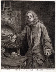 Porträt von Jean Antoine Watteau (1684-1721), französischer Maler - Gravur