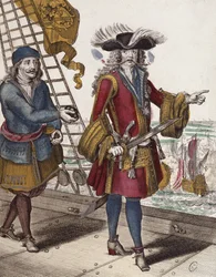 Porträt von Jean Bart (1650-1702) mit einer brennenden Lunte im Mund während eines Seegefechts (Farbgravur)