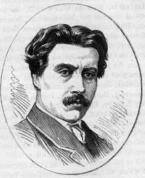 Porträt von Jean Falguiere (1831-1900), französischer Bildhauer. Gravur in „Le Monde Illustré“ Nr. 890 vom 2. Mai 1874.