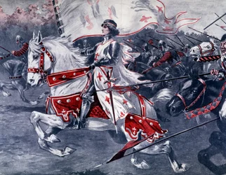 Porträt der Jeanne d’Arc zu Pferde mit königlicher Fahne, Frankreich, spätes 19. Jahrhundert