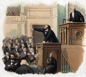 Porträt von Leon Gambetta (1838 - 1882) in der Galerie. Chromolithographie (Chromo) aus dem frühen 20. Jahrhundert