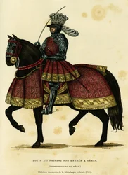 Porträt von Ludwig XII., König von Frankreich (1462-1515), bei seinem Einzug in Genua am 26. August 1502. Farbgravur nach einer Miniaturhandschrift der Nationalbibliothek (1515), in „Frankreich und die Franzosen durch die Jahrhunderte“ von Augustin Challam