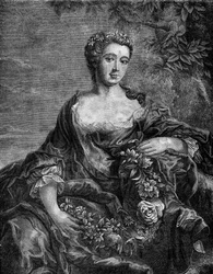 Porträt von Madame de Chateauroux, Marie-Anne de Mailly-Nesle (1717-1744), Favoritin von König Ludwig XV. Gravur in „Die Geschichte der Prostitution und Ausschweifung unter allen Völkern der Welt von der Antike bis zur Gegenwart“ von Dr. Th. -F. Debray. 18