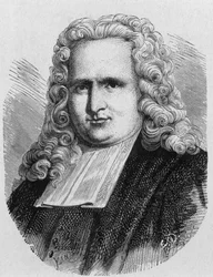 Porträt von Pieter (Petrus, Pierre) van Musschenbroek (1692 - 1761), niederländischer Physiker, Erfinder des ersten elektrischen Kondensators (Leidenflasche) im Jahr 1745 - im „Album der Wissenschaft; berühmte Wissenschaftler; Große Entdeckungen“ 1896.