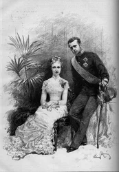 Porträt von Prinzessin Stephanie von Belgien (1864-1945) und Erzherzog Rodolphe von Österreich (1858-1889). Gravur in "Le Monde Illustré" Nr. 1209 vom 29. Mai 1880