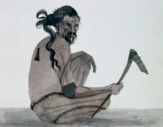 Porträt eines Eingeborenen der Insel Ualan, Karolinen-Archipel, Aquarell von Jules-Louis Lejeune, basierend auf der Reise um die Welt