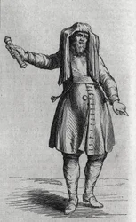 Porträt eines jüdischen Mannes, der die Mesusoth (Mezouzoth, Mezouzah, Mezouza) hält. Gravur in „Le Magasin Pittoresque“