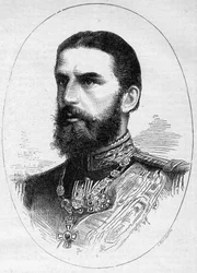 Porträt des Prinzen von Rumänien Charles de Hoenzolern Sigmaringer, zukünftiger König unter dem Namen Charles I. (Carol I). Gravur in „Le Monde Illustré“ Nr. 1054 vom 23. Juni 1877