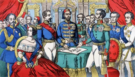 Porträt der Herrscher Europas während des Friedensvertrags 1856: von links nach rechts, Victor Emmanuel II (Victor Emmanuel) (Vittorio Emanuele), König von Sardinien, Victoria, Königin von England, Napoleon III., Türkischer Kaiser, Alexander II., König von
