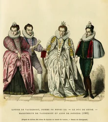 Porträts von 1581, von Louise de Vaudemont (1553-1601), Königin von Frankreich, Ehefrau von Heinrich III (1551-1589), des dritten Herzogs von Guise, Henri I, genannt der Balafré (1549-1588), von Marguerite von Lothringen (1564-1625), Tochter des Grafen von