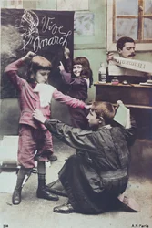 Postkarte, die das säkulare Bildungssystem kritisiert, ca. 1910