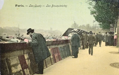 Postkarte mit Bouquinisten entlang des linken Seine-Ufers, Paris, vor 1914