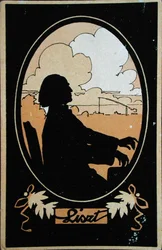 Postkarte von Franz Liszt (1811-86) mit der ungarischen Landschaft im Hintergrund, ca. 1910 (Farblithografie)