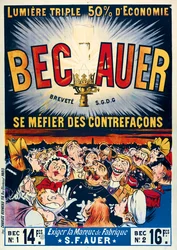 Plakat, das Becauer-Petroleumlampen bewirbt, gedruckt von Charles Verneau, 1890