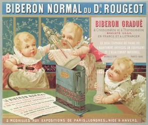 Plakat, das eine von Dr. Rougeot entworfene abgestufte Flasche bewirbt, 1887