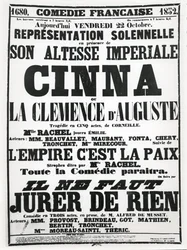 Plakat zur Werbung für eine Aufführung an der Comédie-Française am 22. Oktober 1852 von Corneilles Tragödie Cinna, gefolgt von einem Vortrag des Gedichts L