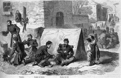 Zubereitung der „Popote“ (Mahlzeit) des 1. Regiments der Grenadiere der französischen Imperialgarde während des Risorgimento. Von links nach rechts: ein „Popotter“, ein „Biskuitbrecher“ und ein „Kaffeekocher“. Cavriana, Italien