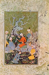 Prinz auf der Jagd mit Falken, Illustration für Tausendundeine Nacht, 1895 (Farbstich)