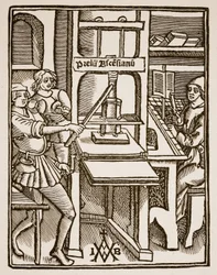 Druckerpresse, Titelseite von Hegesippus, gedruckt von Jodocus Badius Ascensius, Paris, 1511 (Sepia-Foto)