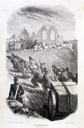 Gefangene ziehen Steinblöcke aus einem Steinbruch, „Les Bagnes: histoire, types, mores, mystère“ von Maurice Alhoy, Hrsg. Gustave Havard