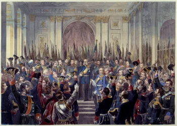 Proklamation des Deutschen Reiches am 18.01.1871 in der Eishalle in Versailles nach der französischen Niederlage im Krieg von 1870 gegen Preußen. Wilhelm I. (1797-1888) wird zum Kaiser ausgerufen. 19. Jahrhundert Paris, Musée Carnavalet