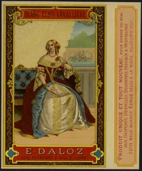 Produktetikett mit einem Bild einer gut gekleideten Frau