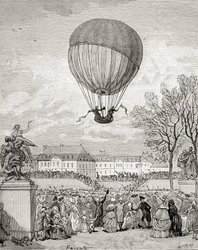 Professor Jacques Charles und Nicolas-Louis Robert fliegen den ersten bemannten Wasserstoffballon der Welt am 1. Dezember 1783 in den Tuilleriengärten, Paris, aus 