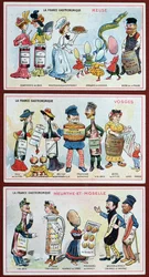 Werbe- und Bildungskarten für Kinder, die Lebensmittelspezialitäten der Region Lothringen darstellen, ca. 1910