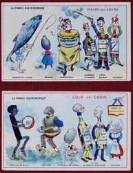 Werbe- und Bildungskarten für Kinder, die Lebensmittelspezialitäten der Regionen Maine-et-Loire und Loir-et-Cher darstellen, ca. 1910