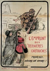 Propagandaposter während des Ersten Weltkriegs: „Leihen Sie die letzten Patronen, Franzosen, noch eine Anstrengung“, 20. Jahrhundert. Sammlung: Auf geht