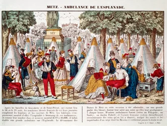 Preußischer Krieg: eine Ambulanz auf der Esplanade zur Behandlung der Verwundeten im Jahr 1870 in Metz (Gravur)