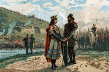 Rainfroy (Rainfroi), Bürgermeister des Palastes von Neustrien, verbündet sich mit den Friesen und Sachsen, um gegen Austrasien zu kämpfen. Chromolithographie um 1890