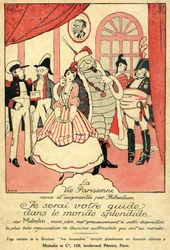 Erinnerung an 1914 für Michelin-Reifen. La Vie Parisienne, rezensiert und ergänzt von Bibendum: „Ich werde Ihr Führer in der prächtigen Welt sein, denn Michelin, mein Vater, bietet Ihnen die schönste Organisation für Autotourismus der Welt.“ An der Wand