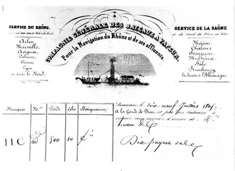 Quittung für Waren, ausgestellt von der Compagnie Generale des Bateaux Vapeur Pour la Navigation du Rhone et de ses affluents