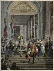 Empfang des Grand Conde in Versailles durch Ludwig XIV. - Treppe der Botschafter - Empfang des Grand Conde (Louis II. von Bourbon Conde) durch den König von Frankreich Ludwig XIV. in Versailles im Jahr 1674. Gravur in „PATRIE“ - DESCRIPTION PICTURERIQUE