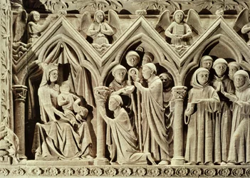 Relief, das die Präsentation der Mönche an die Jungfrau durch St. Etienne von Aubazine darstellt, vom Grab von St. Etienne