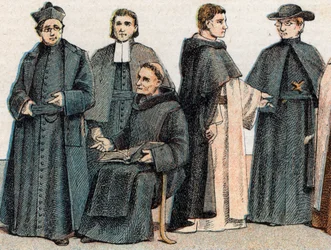 Religiöse Kostüme: von links nach rechts Porträt eines Jesuiten, eines Maristenbruders (Marcellin Champagnat), eines Benediktinermönchs, eines Dominikanermönchs und eines Oblaten
