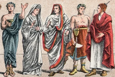 Religiöse Kostüme in der Antike: Porträt eines griechischen Priesters, Opferdiener, einer Vestalin, Priesterin des antiken Rom und eines Großen Pontifex im antiken Rom (Pontifex maximus), eines Popa und eines Flamino (Flamen) römischer Priester, der dem Ku