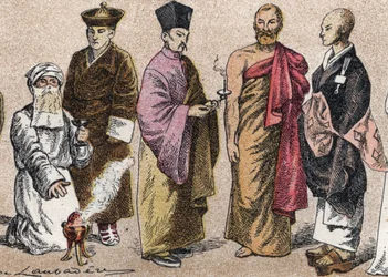 Religiöse Kostüme Asiens: Porträt eines Parsi-Priesters, Lama, chinesischer buddhistischer Priester, Ceylon-Bonze und japanischer buddhistischer Priester