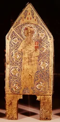 Reliquienschrein des St. Calminius, Detail von St. Paulus mit einem Schwert und Buch, Limoges