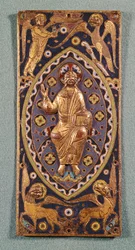 Reliquienplakette, die Christus mit den Symbolen der Evangelisten darstellt (emailliertes Kupfer)