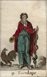 Darstellung von Asklepios, Gott der Medizin, er hält einen Stab des Asklepios (Laubabwerfend), einen Pilgerstab, um den sich eine Schlange windet, Symbol des Wissens. (Der Gott der Medizin, Asklepios, hält einen Stab des Asklepios)